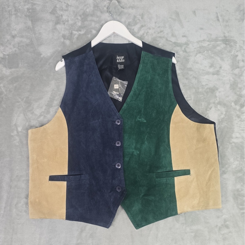 Jacque & KoKo Western Suede Leather Vest Size 22/24 Green Blue Beige Pockets